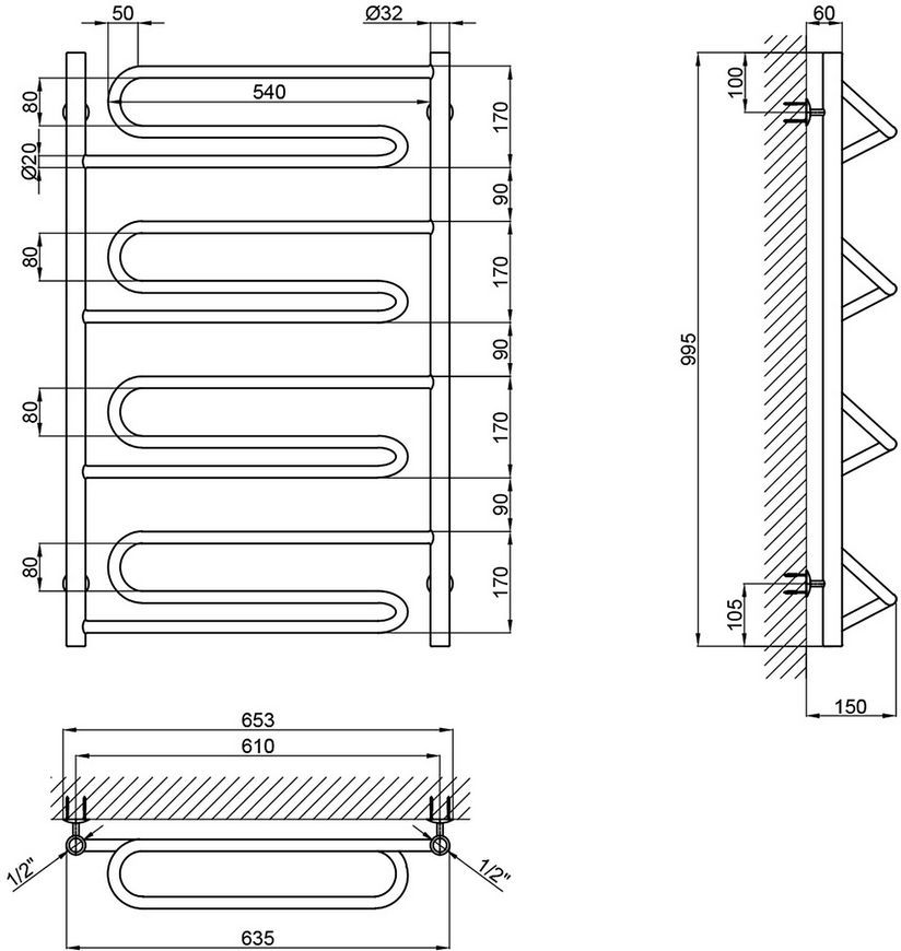 Рушникосушарка водяна LIDZ Zigzag (CRM) D32/20х1/2" 600x1000 P4 - LZZD322012601004WAT
