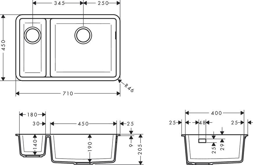 Кухонная мойка HANSGROHE S510-U635 под столешницу 710х450 две чаши 180/450 Concretegrey серый бетон 43433380 - 43433380