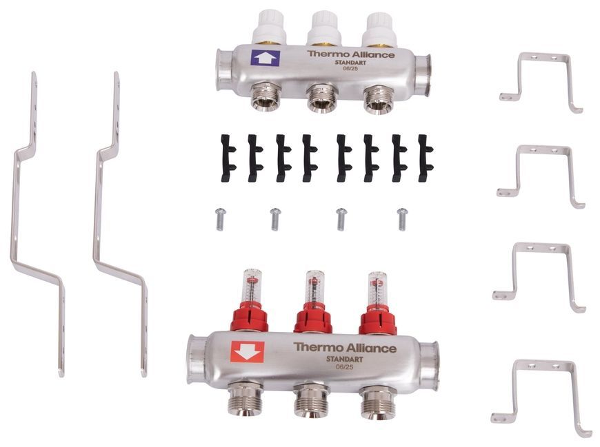 Коллектор с термостатическими клапанами и расходомерами Thermo Alliance Standart 1" 3 выхода SD0043 нерж. - SD0043