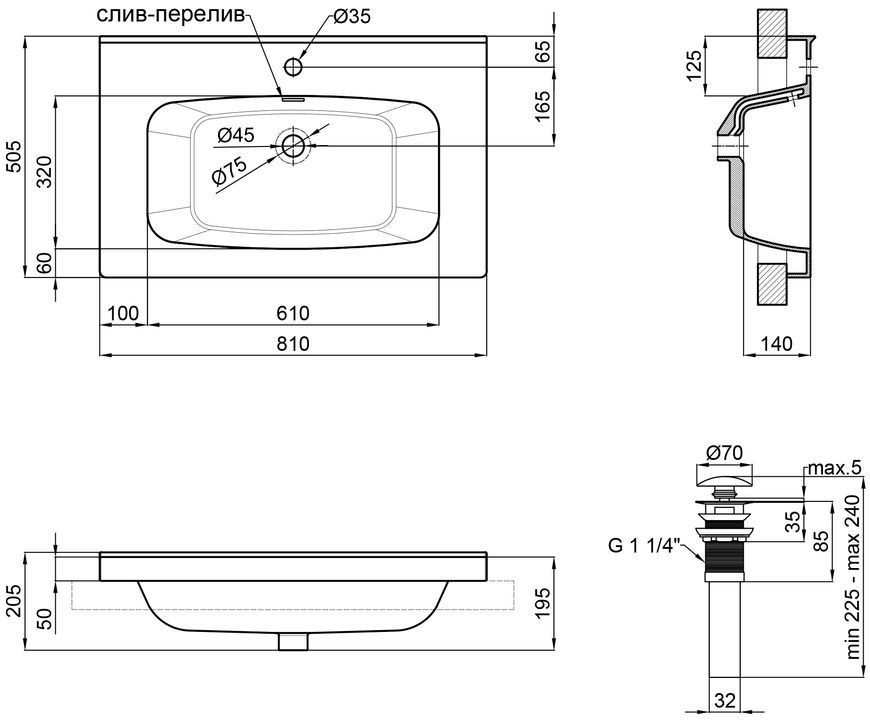 Раковина врізна QTAP Albatross 5H 810х505х205 White з донним клапаном QT01115080HW - QT01115080HW