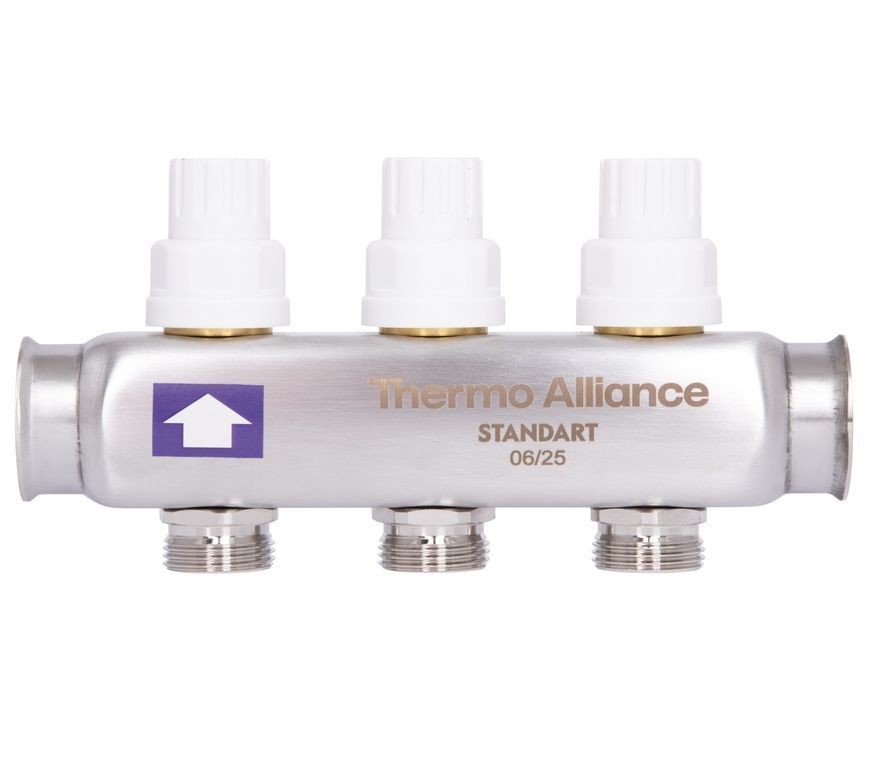 Коллектор с термостатическими клапанами и расходомерами Thermo Alliance Standart 1" 3 выхода SD0043 нерж. - SD0043