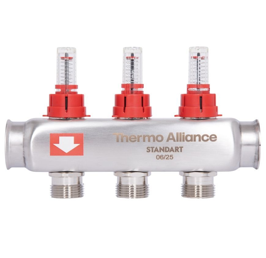 Коллектор с термостатическими клапанами и расходомерами Thermo Alliance Standart 1" 3 выхода SD0043 нерж. - SD0043