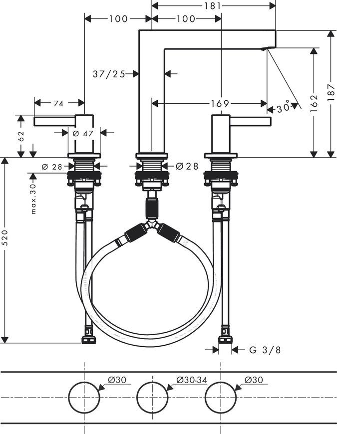 Змішувач для раковини HANSGROHE Finoris 160 на 3 отвори Chrome 76034000 хром з донним клапаном push-open - 76034000