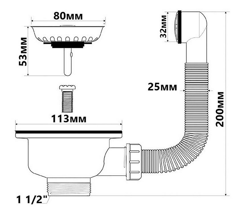 Злив для кухонної мийки McALPINE 113 мм з круглим переливом, чорний матовий FSW50P-POL-25-MB
