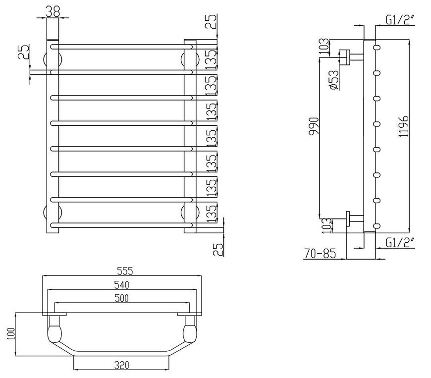 Полотенцесушитель водяной LIDZ Trapezium (CRM) D38/25 500x1200 P8 - LTRPZD3825501208WAT