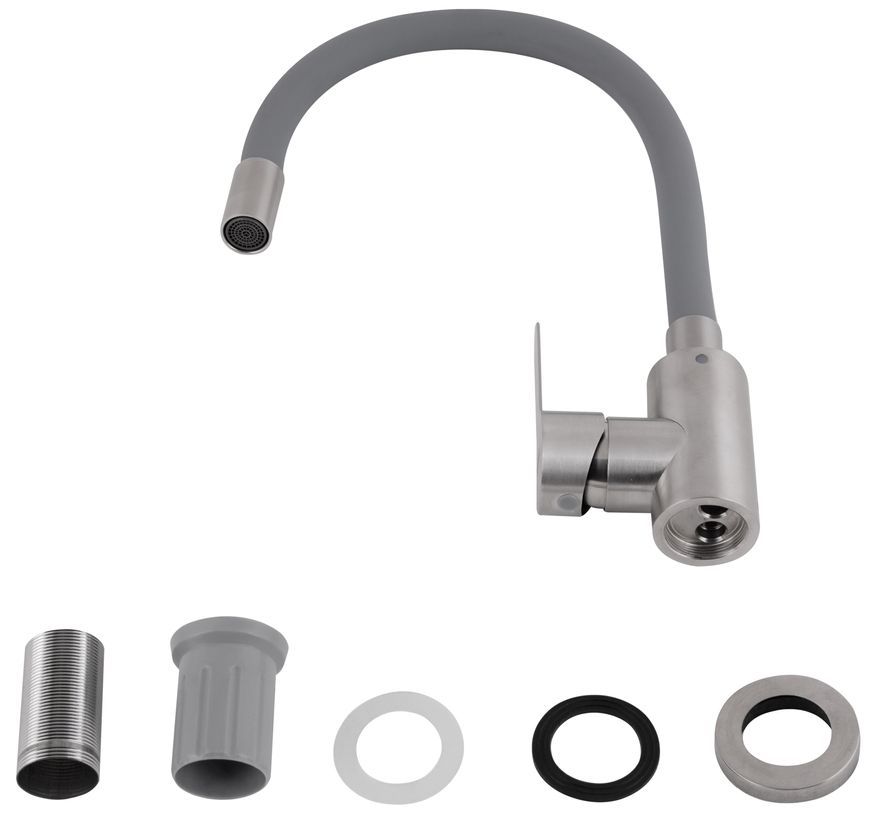 Смеситель для кухни Brinex Pure 015F3 с гибким изливом Nickel/Grey BRIPUR015F3NKG - BRIPUR015F3NKG