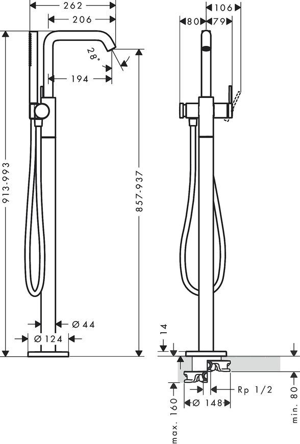 Смеситель для ванны напольный HANSGROHE Tecturis S Matt White 73440700 белый матовый - 73440700