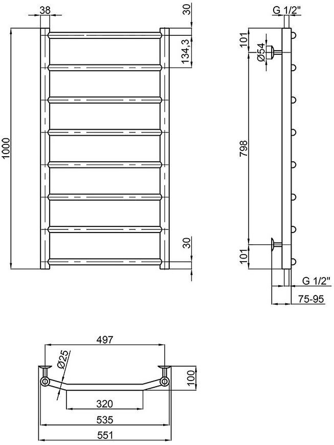 Полотенцесушитель водяной LIDZ Trapezium (CRM) D38/25 500x1000 P8 - LTRPZD3825501008WAT