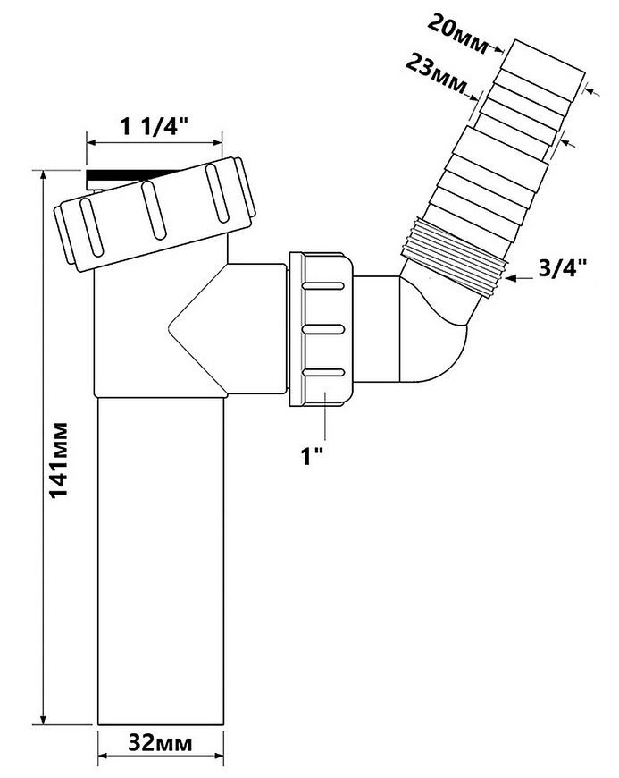 Підключення McALPINE 1 1/4"х32 мм до пральної/посудомийної машини TEE5/4B1