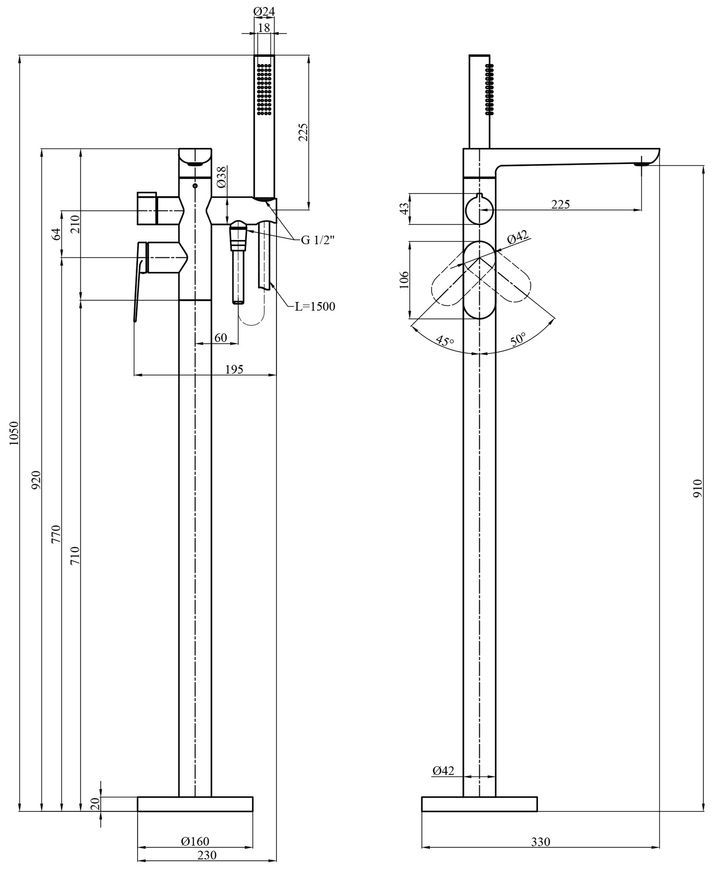 Змішувач окремостоячий для ванни Kroner Element 211339-3801 з душовим гарнітуром, латунь, чорний CV035962 - Element 211339-3801