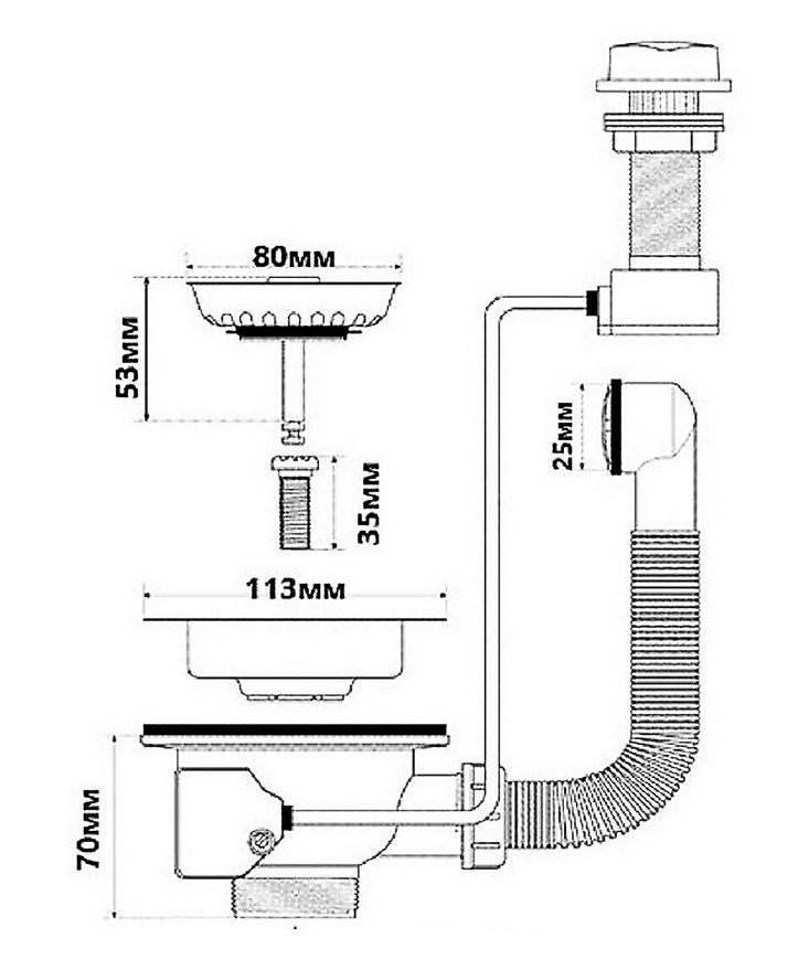 Слив для кухонной мойки McALPINE автоматический с переливом 1 1/2&rdquo;x113 мм PUFS113-CP-25