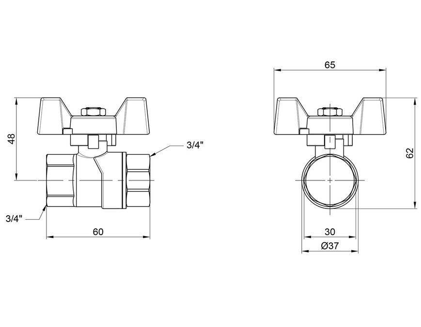 Кран шаровой Thermo Alliance Forte 3/4" ВР прямой, PN40, латунь, бабочка SF602W20 - SF602W20