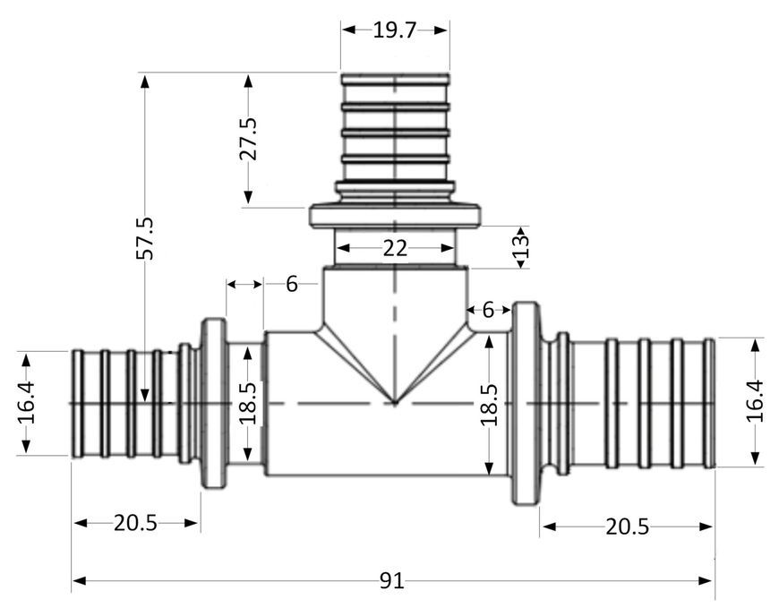 Трійник для аксіального фітингу Icma d20x2,8-25x3,5-20x2,8 латунь №1039 851039GWGXGW05