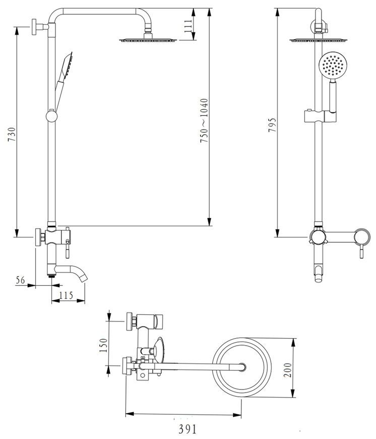 Душевая система универсальная Brinex Pure 1030 на 3 потребителя с изливом Nickel BRIPUR1030NKL - BRIPUR1030NKL