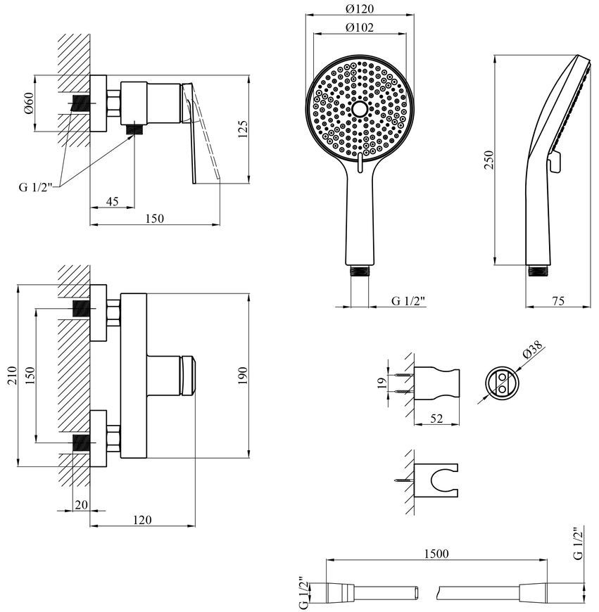 Смеситель для душа Kroner Element 211411-0101 с душевым гарнитуром, латунь, хром CV035965 - Element 211411-0101