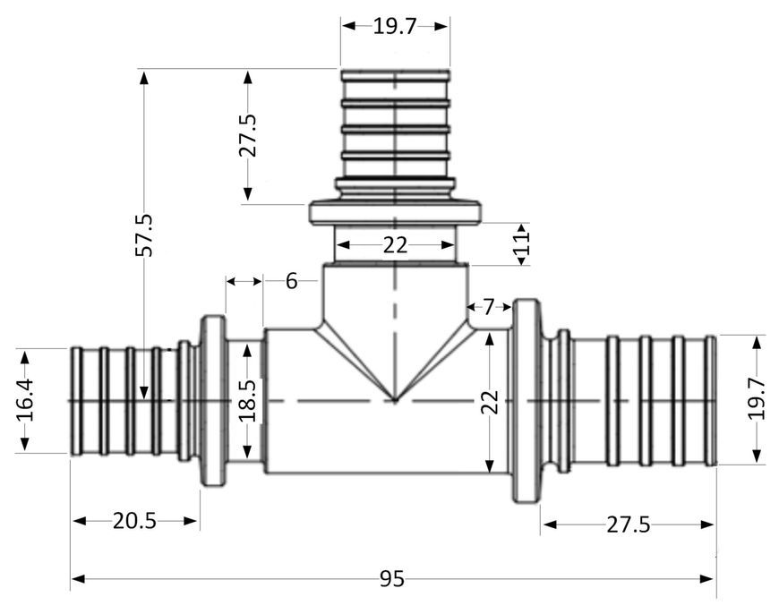 Тройник для аксиального фитинга Icma d25х3,5-25х3,5-20х2,8 латунь №1039 851039GXGXGW05