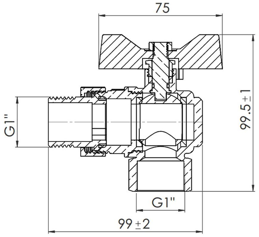 Кран шаровой с американкой латунный Thermo Alliance Forte 1" ВН угловой SF221W25 - SF221W25