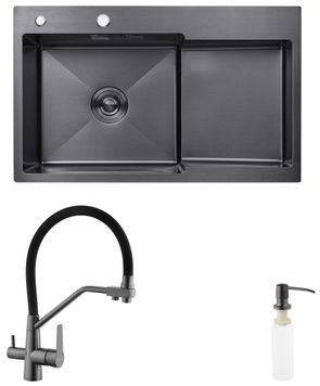 Кухонна мийка Kroner KRP Schwarze 7848LHM PVD зі змішувачем та дозатором CVS30116 KRS7848LHMPVDPVD03817BLKSP026 - KRS7848LHMPVDPVD03817BLKSP026
