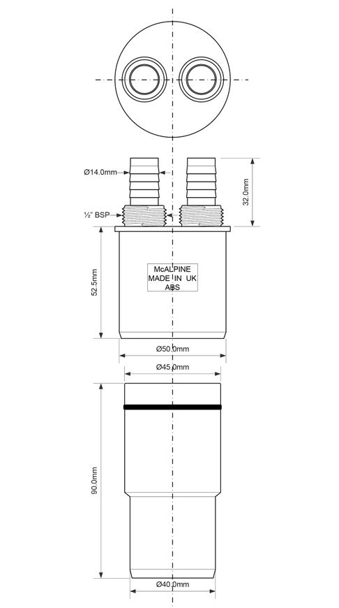 Адаптер для подключения слива с двумя входами McALPINE 14 мм и 1/2" выход 40/50 мм MA15-2-4050