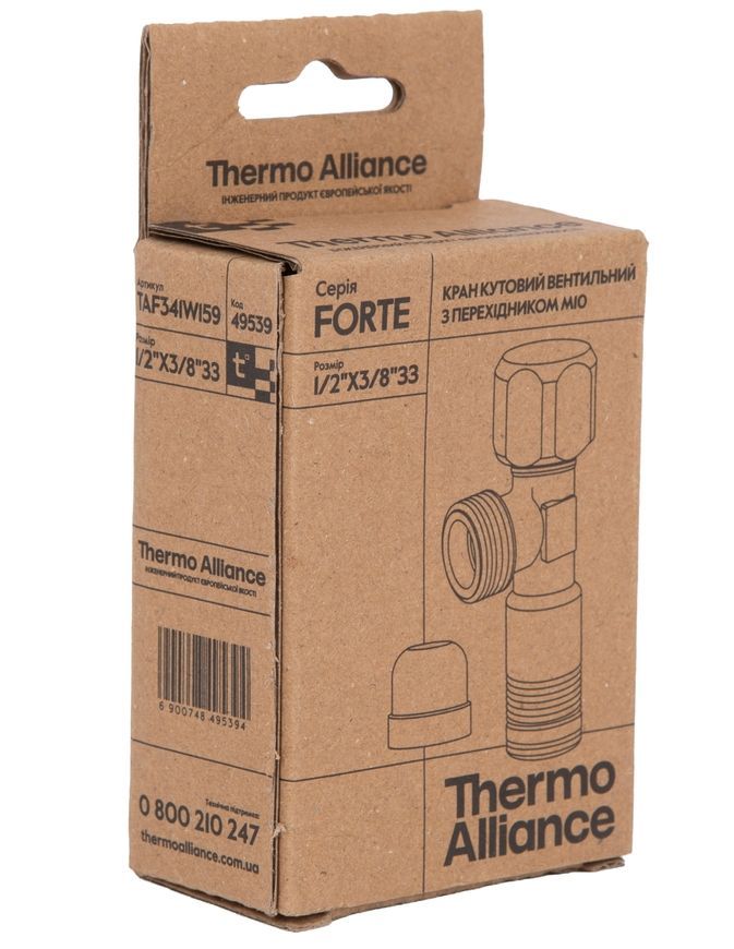 Кран приладовий вентильний кутовий Thermo Alliance Forte 1/2"Зх3/8"З з перехідником M10, латунь TAF341W159