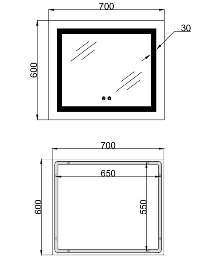Дзеркало Lidz Kubis KU1 700х600 мм з LED-підсвічуванням Touch, з антизапотіванням, з димером, рег. яскравості LDKU60070049285