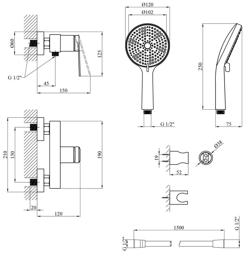 Смеситель для душа Kroner Element 211411-5301 с душевым гарнитуром, латунь, графит CV03596 - Element 211411-5301