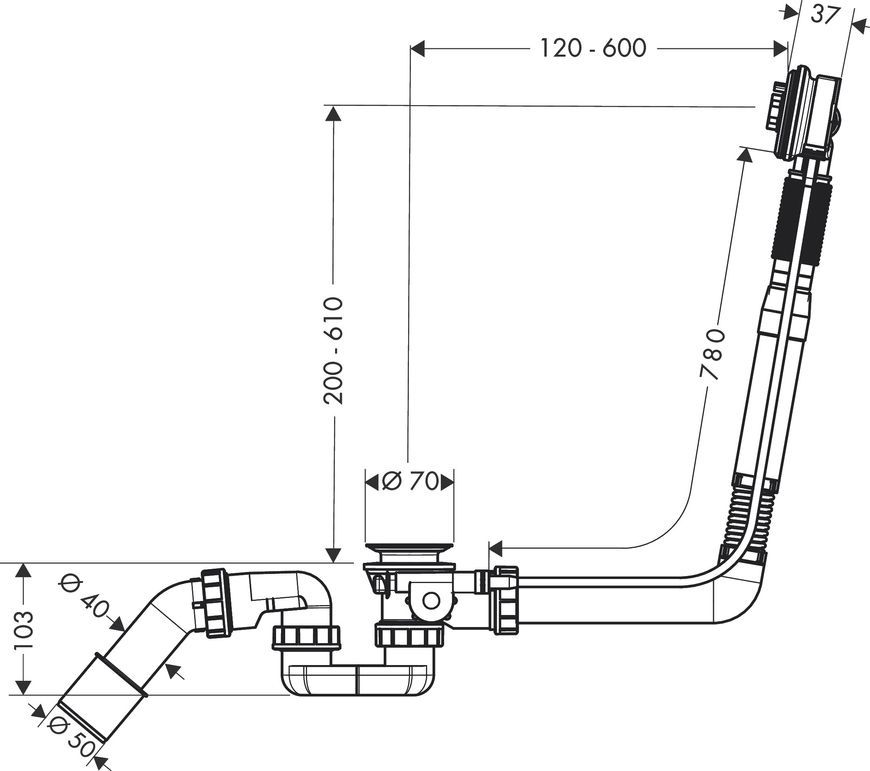 Сифон для нестандартной ванны HANSGROHE Exafill S 58116180 с механизмом подачи воды, без накладок - 58116180