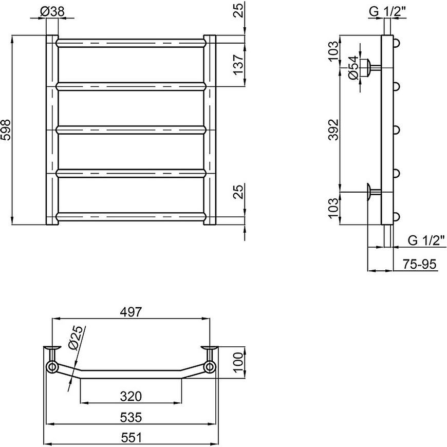 Полотенцесушитель водяной LIDZ Trapezium (CRM) D38/25 500x600 P5 - LTRPZD382550605WAT
