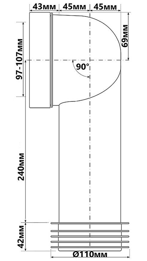 Каналізаційне підключення (коліно) довге McALPINE 282 мм 90&deg; 97-107/110 мм HC41