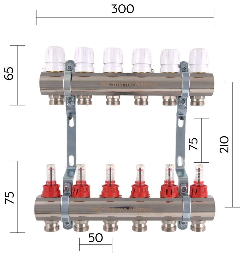 Коллектор с расходомерами Thermo Alliance Standart 1" 6 выходов 3/4" SD235W6 латунь - SD235W6