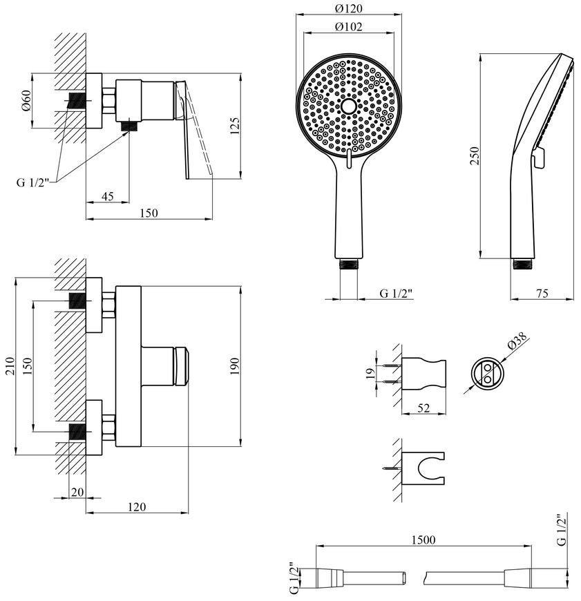 Змішувач для душу Kroner Element 211411-3801 з душовим гарнітуром, латунь, чорний CV035967 - Element 211411-3801