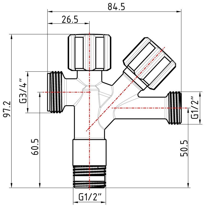 Кран двойной приборный вентельный угловой Thermo Alliance Forte 1/2"Нх1/2"Нх3/4"Н латунь TAF187W151520