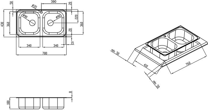 Кухонна мийка QTAP 7843-B Micro Decor 0,8 мм (180) дві чаші - QT7843BMICDEC08