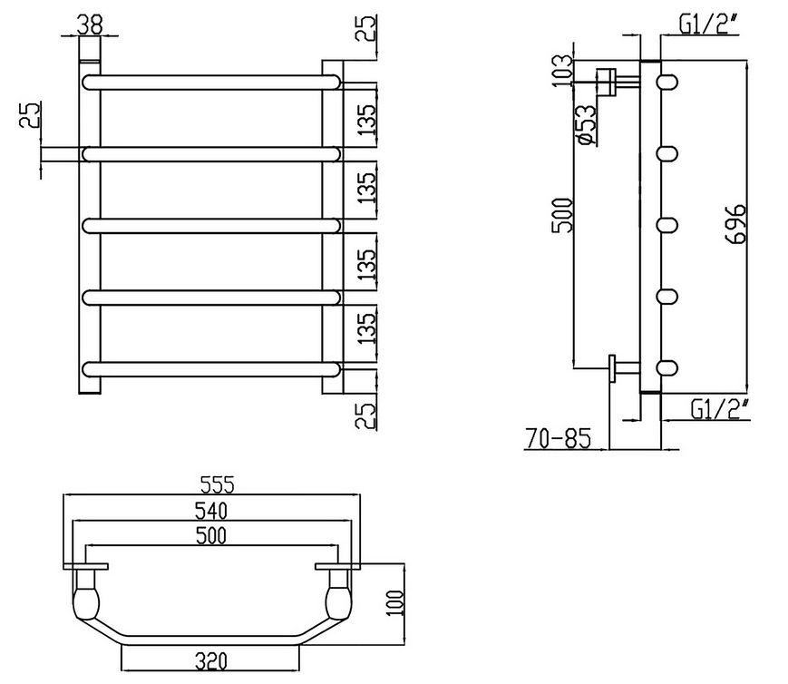 Полотенцесушитель водяной LIDZ Trapezium (CRM) D38/25 500x700 P5 - LTRPZD382550705WAT