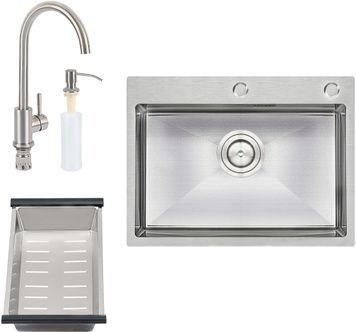 Набор QTAP D6045 SET 4 в 1:  кухонная мойка Satin, смеситель, сушилка, диспенсер - QTD6045SET