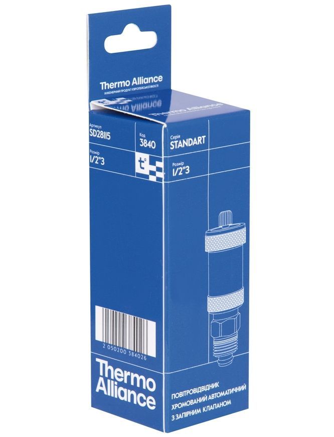 Воздухоотводчик автоматический с запорным клапаном Thermo Alliance Standart 1/2"НР латунь, хром SD28115 - SD28115