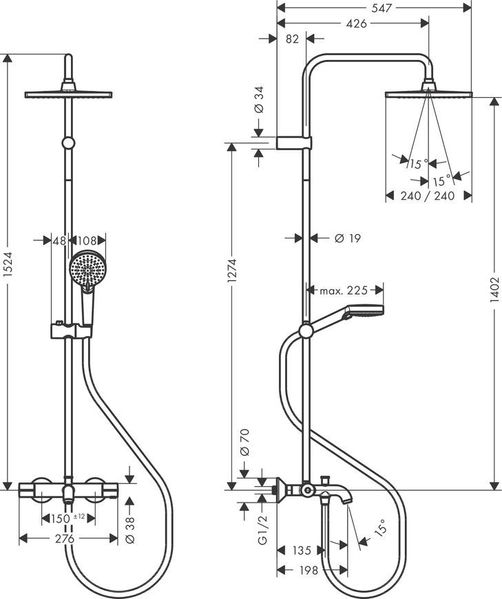 Душова система HANSGROHE Vernis Shape 240 1jet з термостатом та виливом 26900670 чорна матова - 26900670