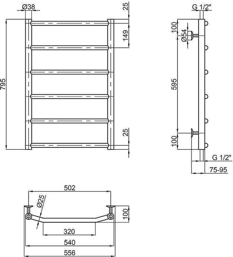 Рушникосушарка водяна LIDZ Trapezium (CRM) D38/25 500x800 P6 - LTRPZD382550806WAT