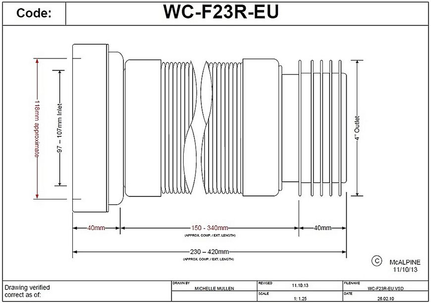 Труба растяжная до унитаза (гофра) McALPINE 230-420 мм с уплотнителем WC-F23R-EU