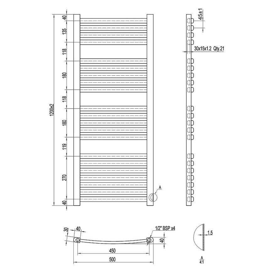 Полотенцесушитель водяной QTAP Dias (BLA) P21 1200x500 HY черный - QTDIASBLAP211200500HY