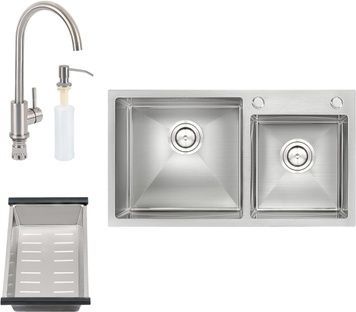 Набір QTAP S7843 SET 4 в 1: кухонна мийка двійна Satin, змішувач, сушарка, диспенсер - QTS7843SET