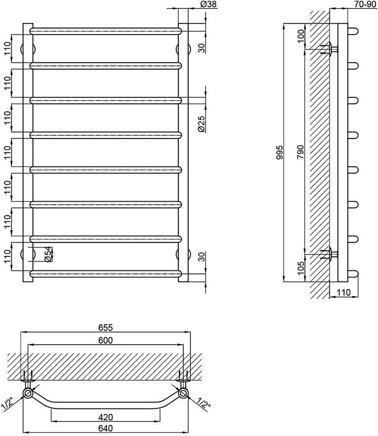 Полотенцесушитель водяной LIDZ Trapezium (CRM) D38/25 600x1000 P8 - LTRPZD3825601008WAT