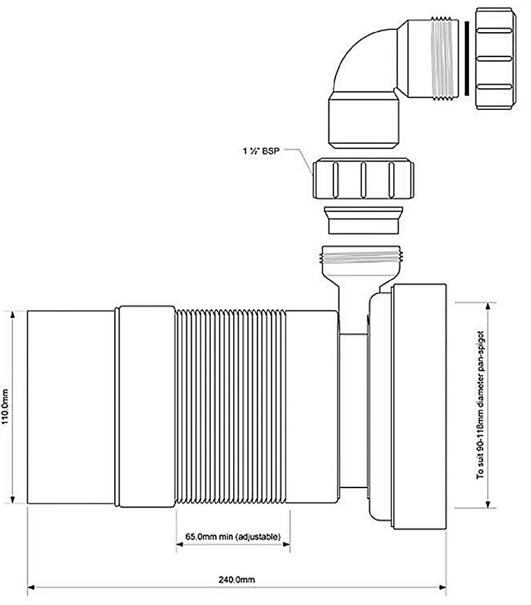 Труба растяжная до унитаза (гофра) McALPINE 235-540 мм с отводом WC-F23RD