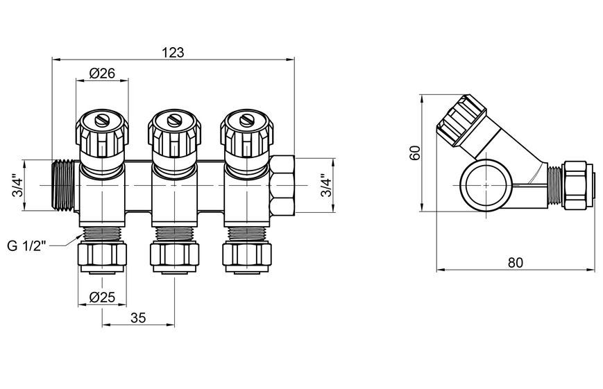 Коллектор SD PLUS 3/4" 3 выхода латунь SD230W3