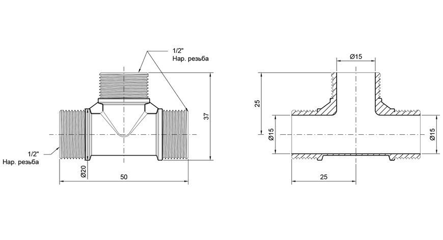 Трійник латунний SD Plus 1/2"ЗРх1/2"ЗРх1/2"ЗР рівнопрохідний SD41215