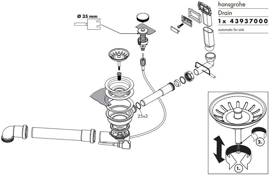 Сифон для мойки на одну чашу HANSGROHE D16-11 Automatic с переливом 43937000