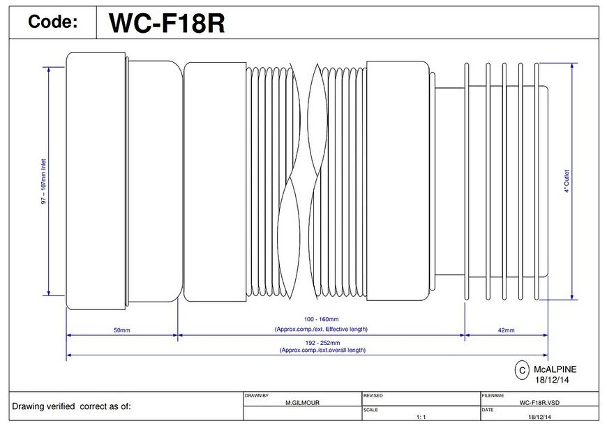 Труба розтяжна до унітазу (гофра) McALPINE 180-230 мм з ущільнювачем WC-F18R