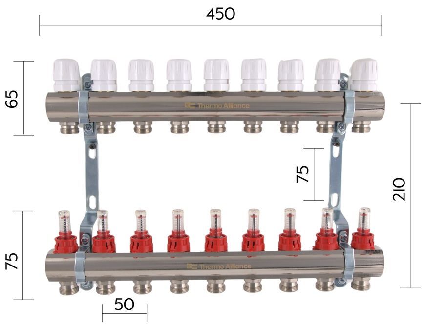 Коллектор с расходомерами Thermo Alliance Standart 1" 9 выходов 3/4" SD235W9 латунь - SD235W9