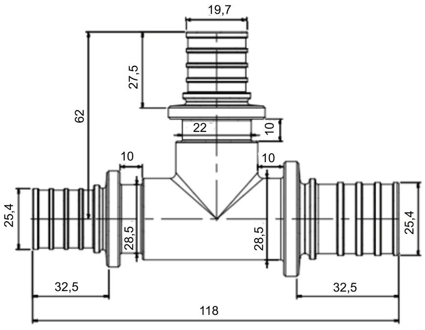 Тройник для аксиального фитинга Icma d32x4,4-25x3,5-32x4,4 латунь №1039 851039GYGXGY05