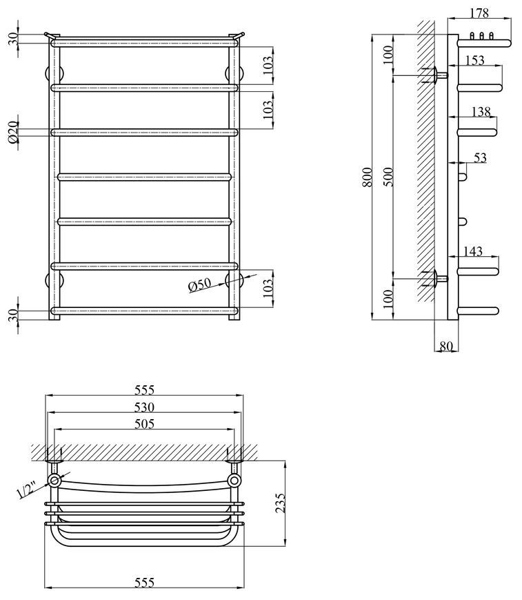 Полотенцесушитель водяной Kroner KRP Stern ST-WT80x50-7 нержавеющая сталь CV036308 - ST-WT80x50-7